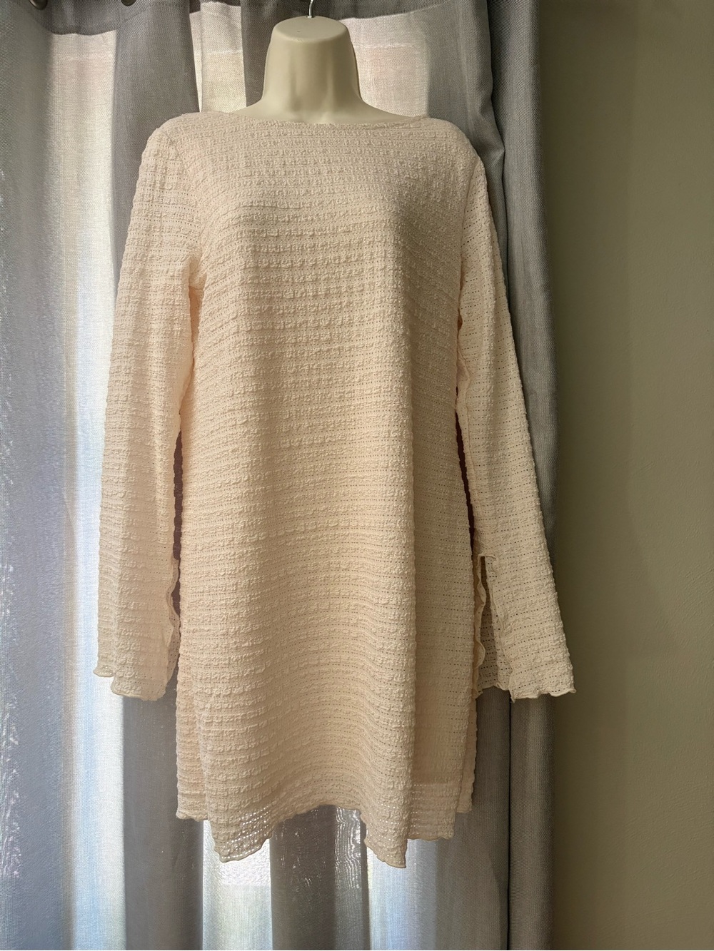 Crochet Knit Tunic Dress Cream Boho Semi-Sheer Beach Cover Up L Cottagecore